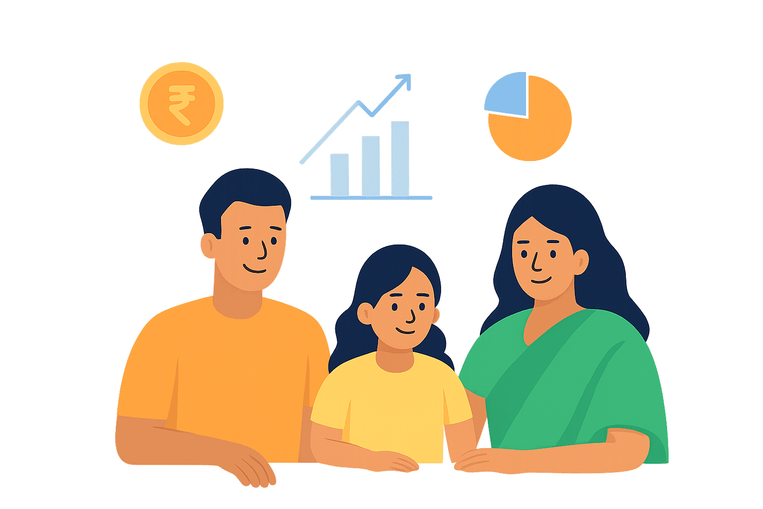 Illustration of an Indian family planning their finances together, with icons representing savings and growth.